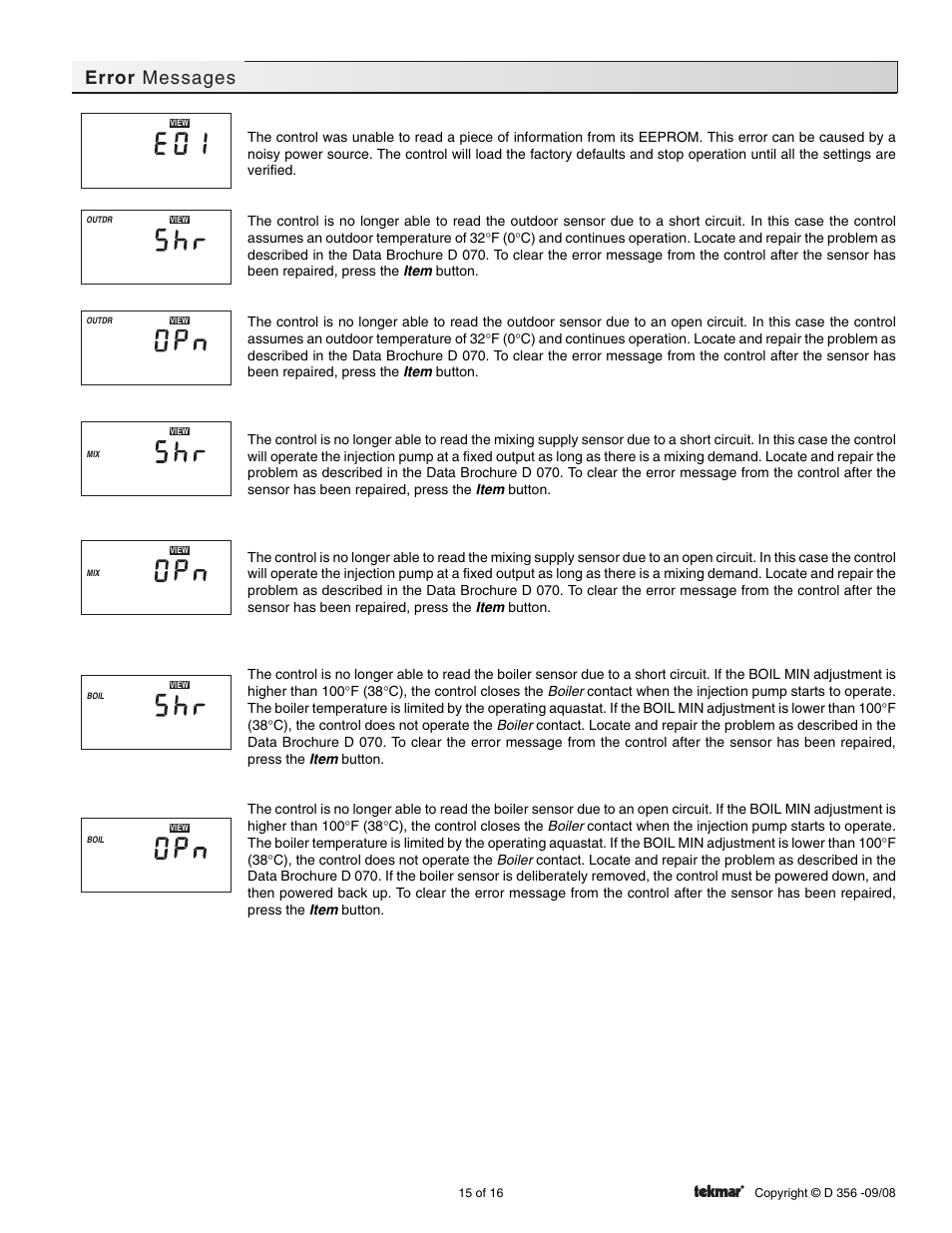 Error messages | tekmar 356 Mixing Control User Manual | Page 15 / 16