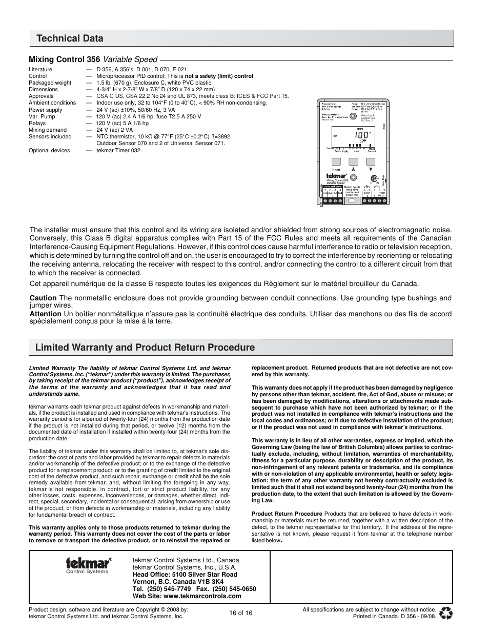 Limited warranty and product return procedure, Technical data, Mixing control 356 variable speed | tekmar 356 Mixing Control User Manual | Page 16 / 16