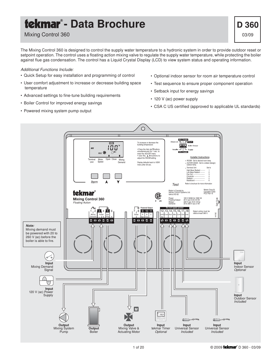 tekmar 360 Mixing Control User Manual | 20 pages
