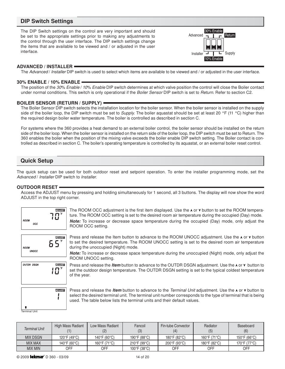 Dip switch settings quick setup | tekmar 360 Mixing Control User Manual | Page 14 / 20