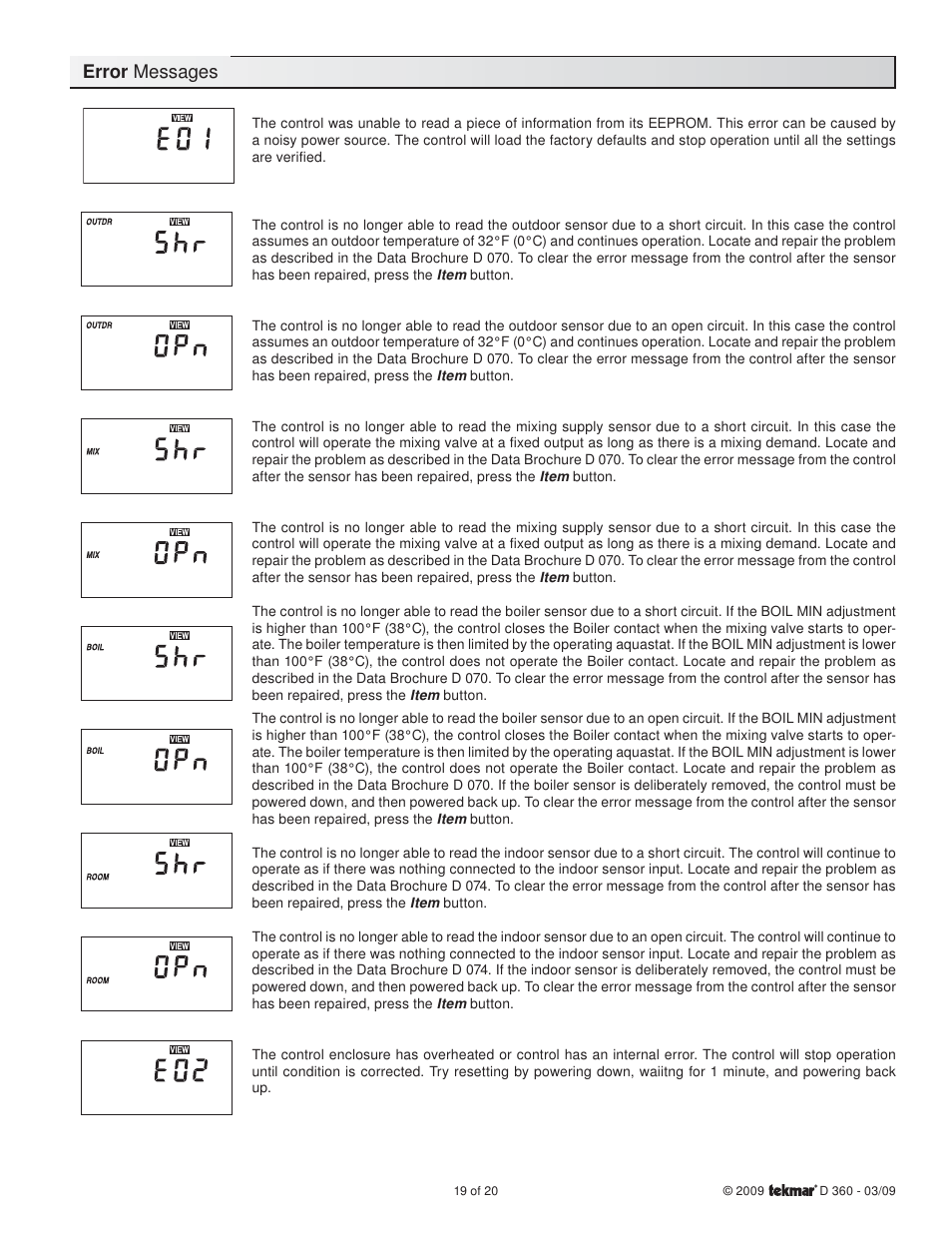 Error messages | tekmar 360 Mixing Control User Manual | Page 19 / 20