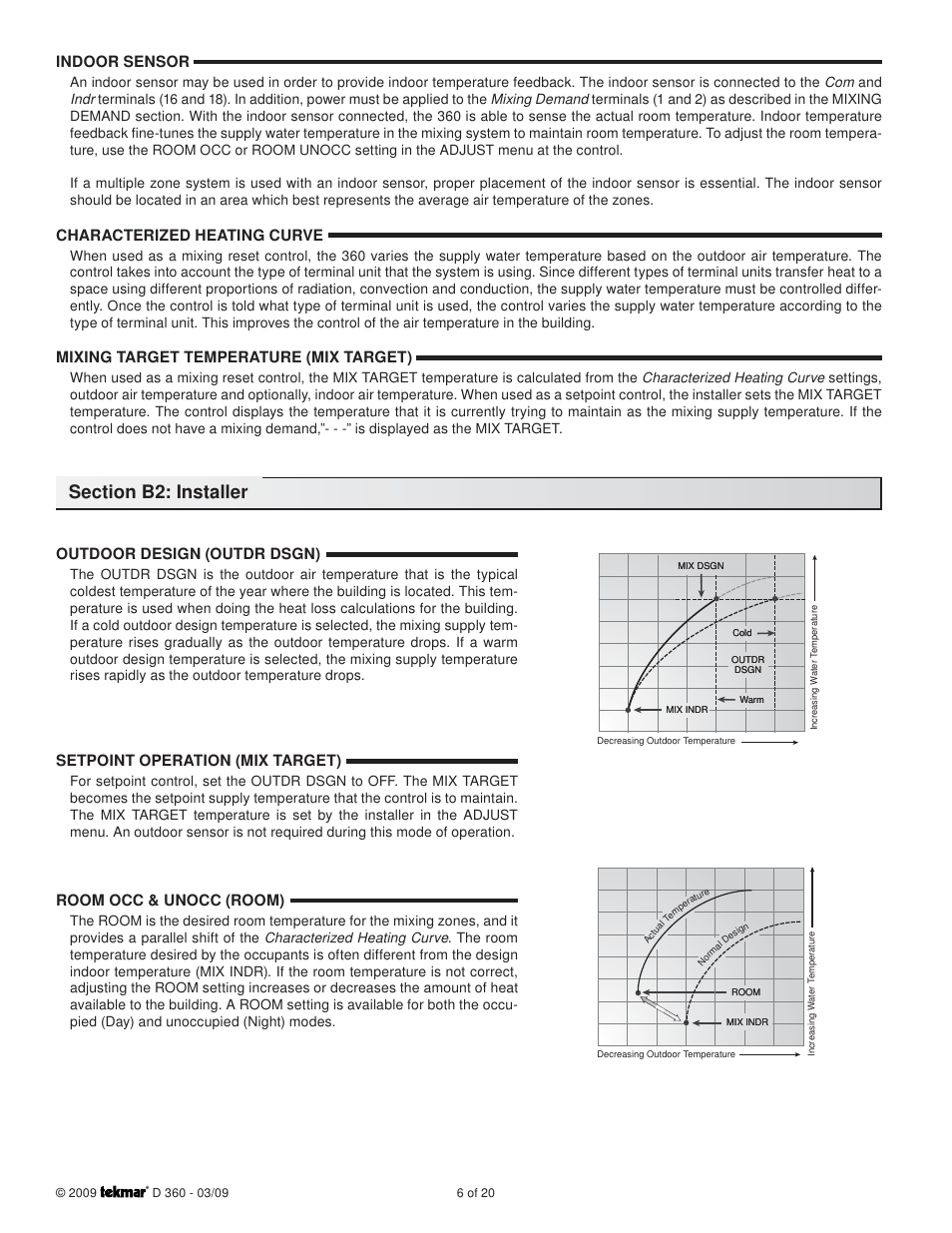 Indoor sensor, Characterized heating curve, Mixing target temperature (mix target) | Outdoor design (outdr dsgn), Setpoint operation (mix target), Room occ & unocc (room) | tekmar 360 Mixing Control User Manual | Page 6 / 20