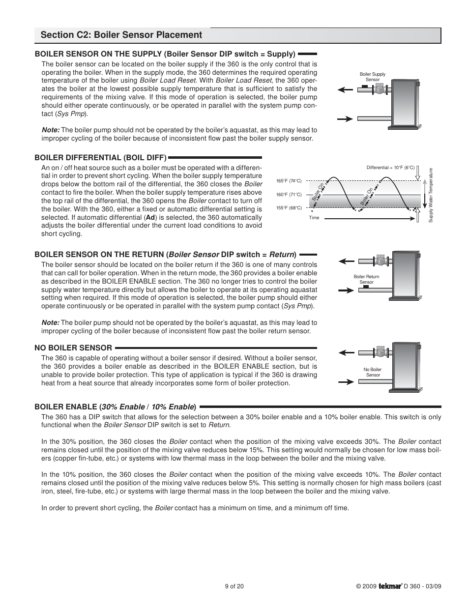 Boiler differential (boil diff), No boiler sensor, Boiler enable ( 30% enable / 10% enable ) | tekmar 360 Mixing Control User Manual | Page 9 / 20