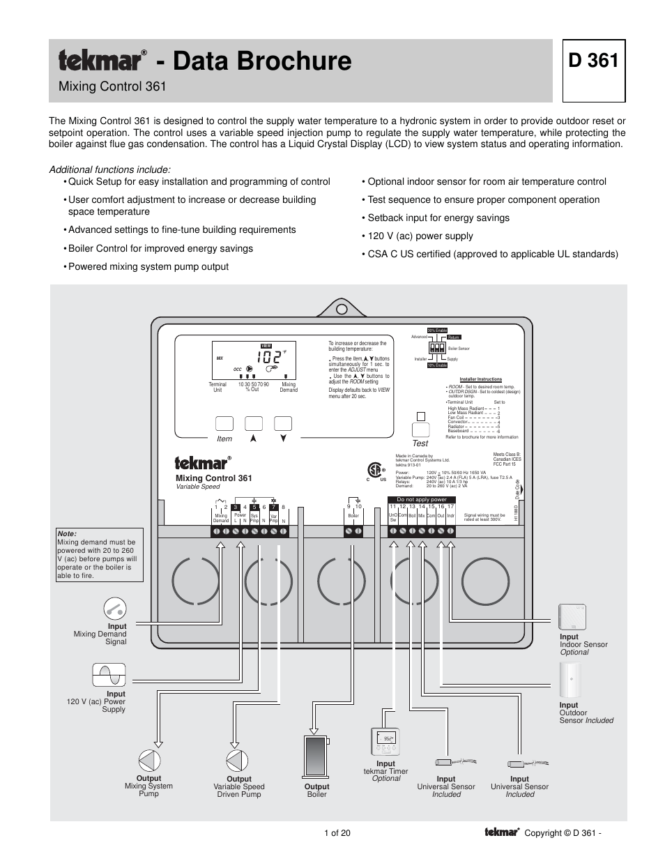 tekmar 361 Mixing Control User Manual | 20 pages