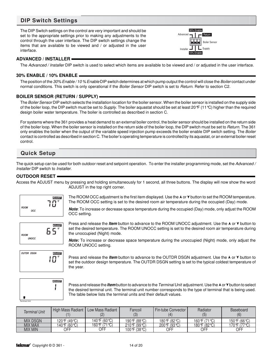 Dip switch settings, Quick setup | tekmar 361 Mixing Control User Manual | Page 14 / 20