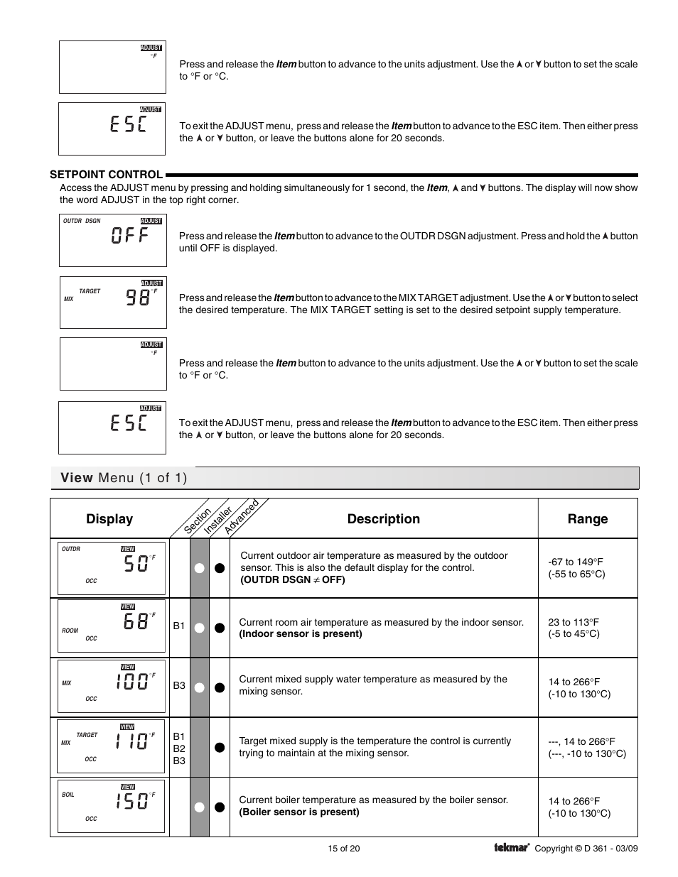 View menu (1 of 1), Display description range | tekmar 361 Mixing Control User Manual | Page 15 / 20