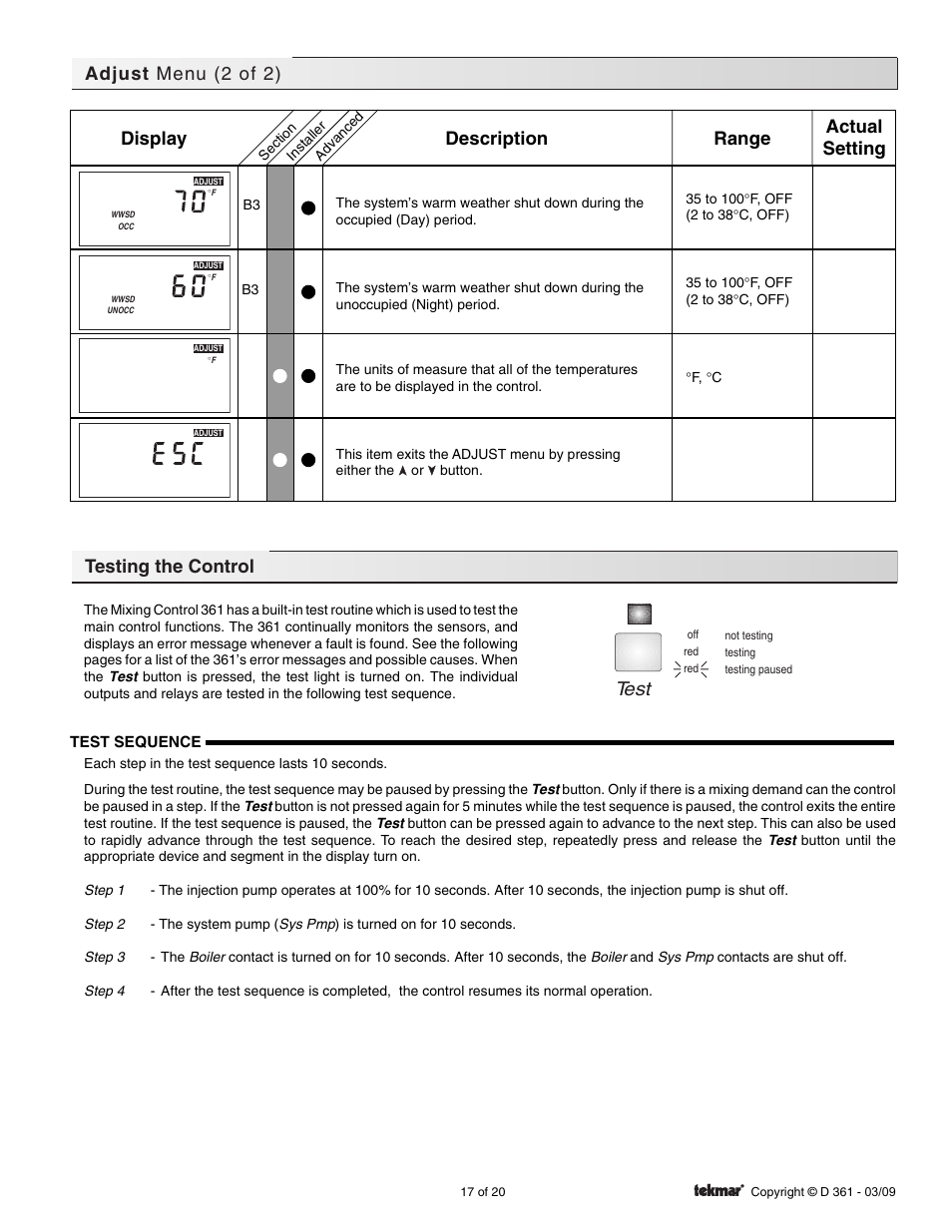 Test, Testing the control, Adjust menu (2 of 2) | Display description range actual setting | tekmar 361 Mixing Control User Manual | Page 17 / 20