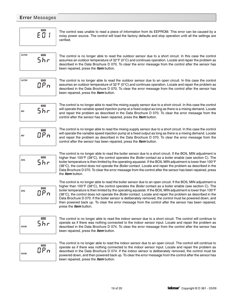 Error messages | tekmar 361 Mixing Control User Manual | Page 19 / 20