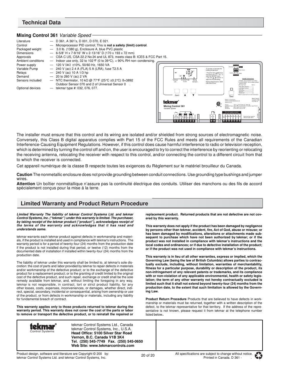 Limited warranty and product return procedure, Technical data, Mixing control 361 variable speed | 20 of 20 | tekmar 361 Mixing Control User Manual | Page 20 / 20