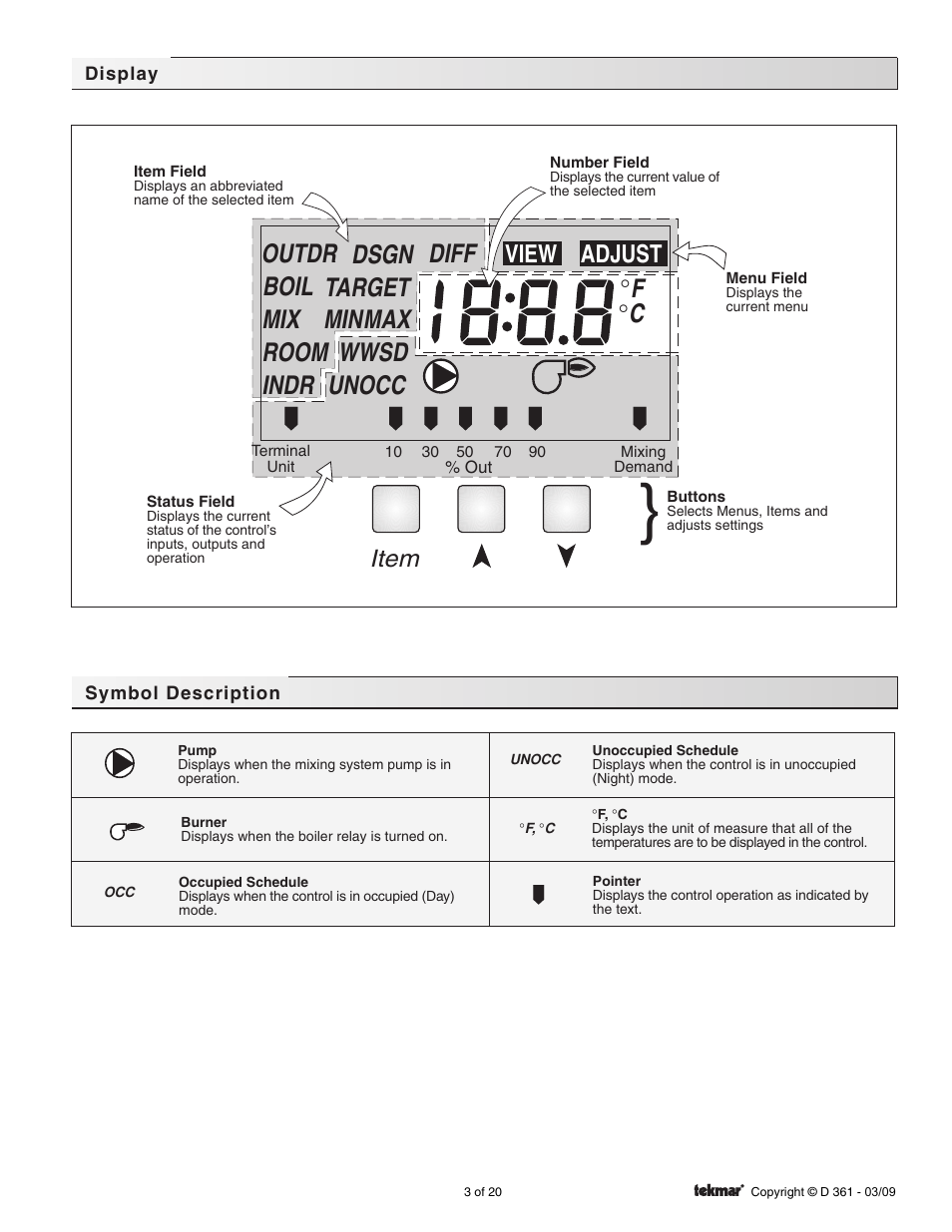 Target indr dsgn diff boil mix outdr room wwsd, Cmax min unocc, View | Adjust, Item | tekmar 361 Mixing Control User Manual | Page 3 / 20