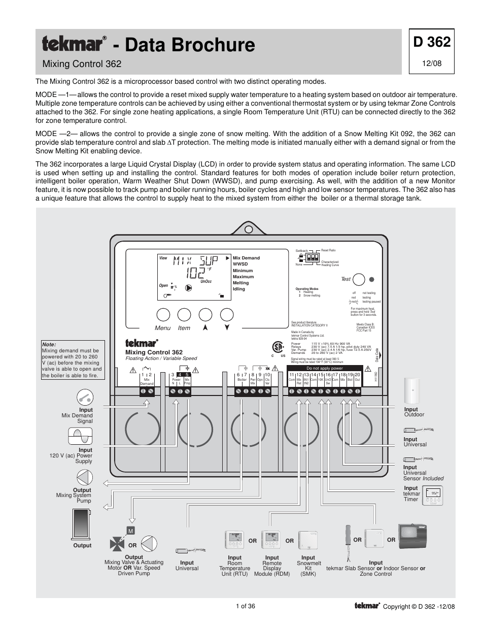 tekmar 362 Mixing Control Installation User Manual | 36 pages