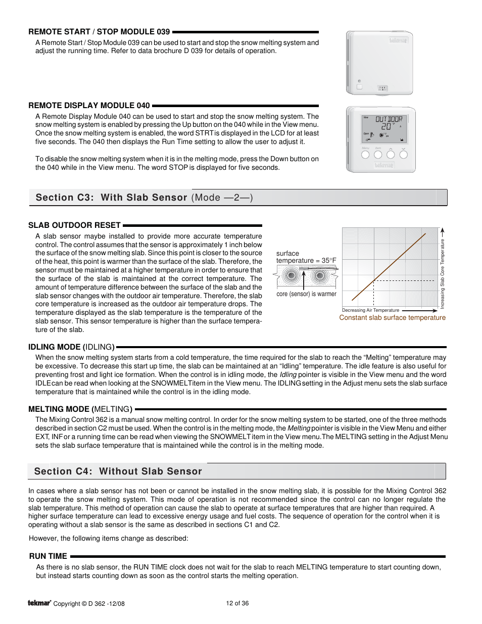 Remote start / stop module 039, Remote display module 040, Slab outdoor reset | Idling mode (idling), Melting mode (melting), Run time | tekmar 362 Mixing Control Installation User Manual | Page 12 / 36