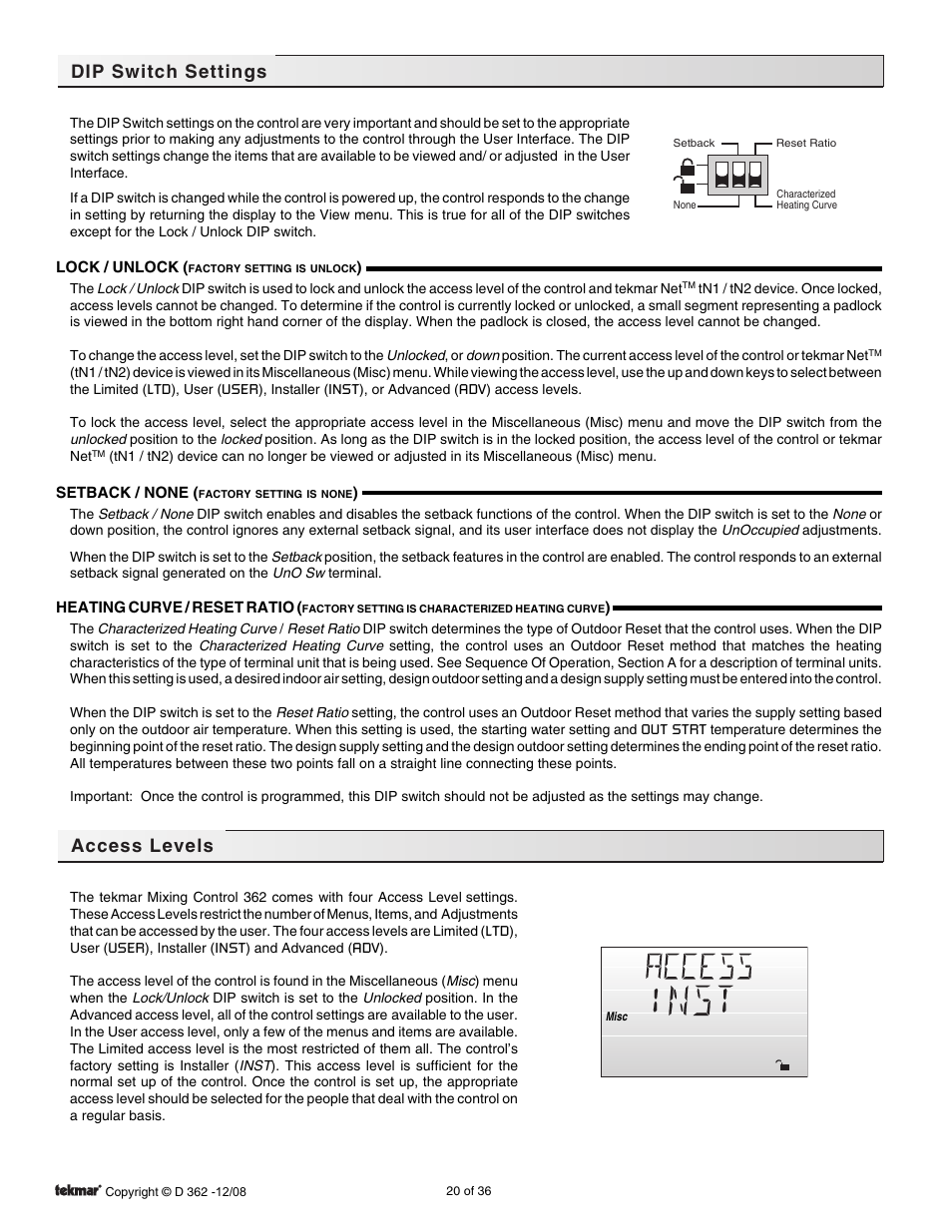 Dip switch settings, Access levels | tekmar 362 Mixing Control Installation User Manual | Page 20 / 36