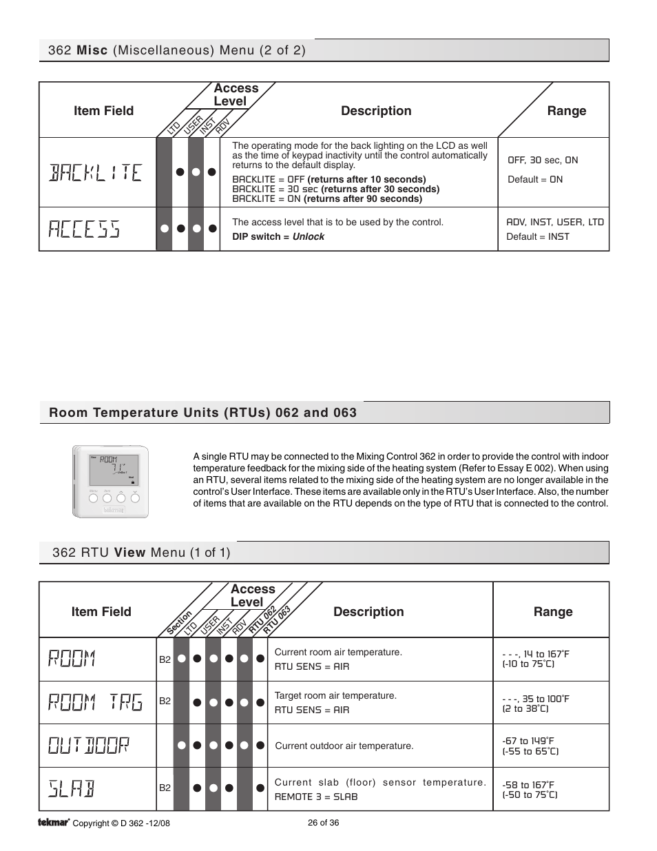 Rtus 062 and 063 | tekmar 362 Mixing Control Installation User Manual | Page 26 / 36