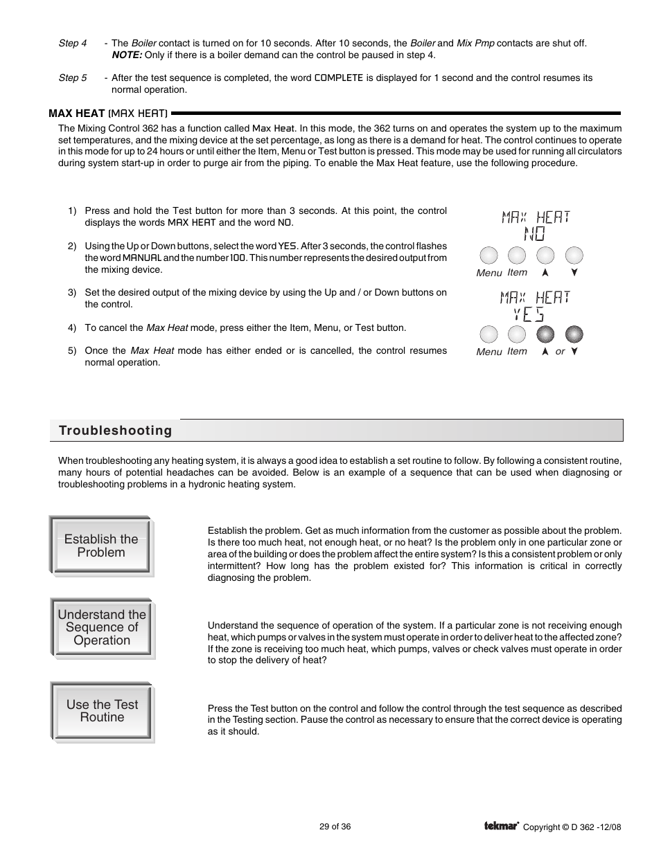 Troubleshooting | tekmar 362 Mixing Control Installation User Manual | Page 29 / 36