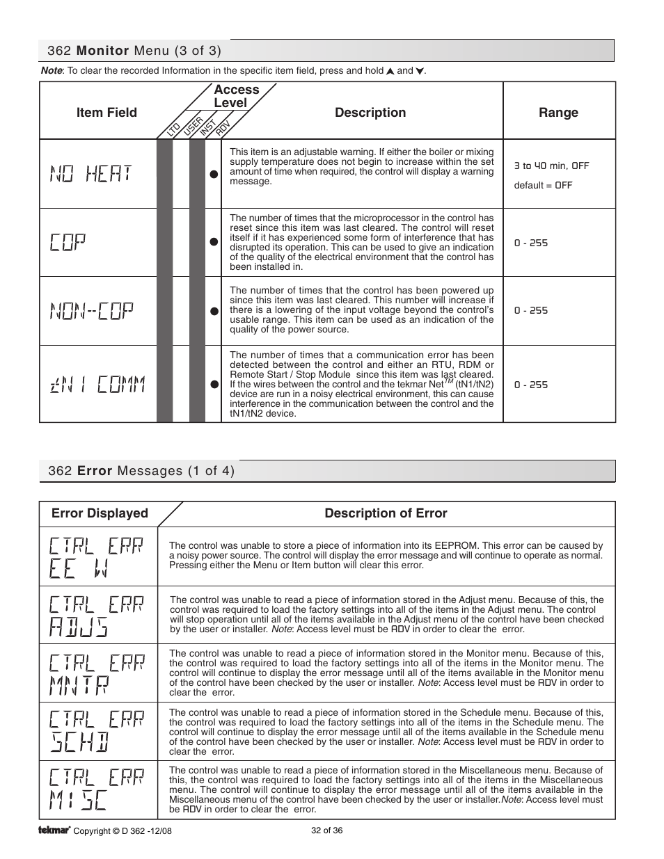 Error messages | tekmar 362 Mixing Control Installation User Manual | Page 32 / 36