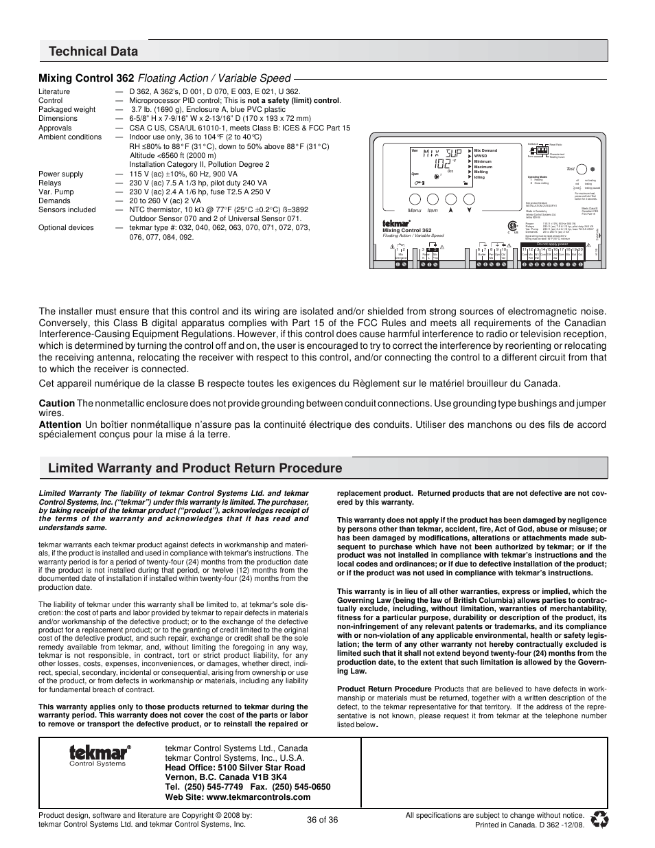 Technical data, Limited warranty and product return procedure, 36 of 36 | tekmar 362 Mixing Control Installation User Manual | Page 36 / 36