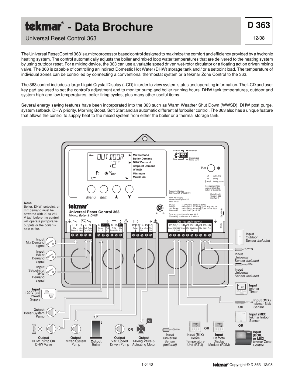 tekmar 363 Universal Reset Control Installation User Manual | 40 pages