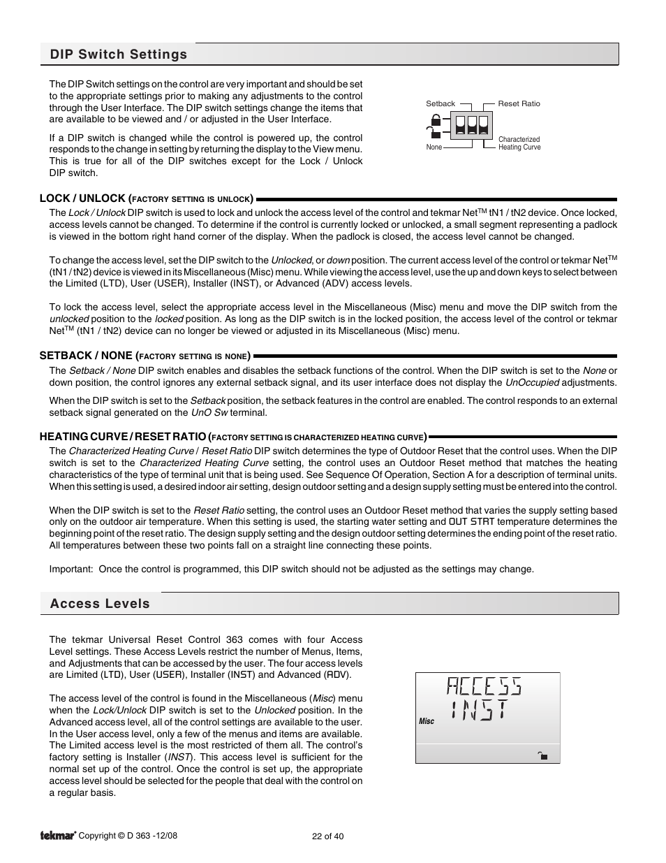 Dip switch settings, Access levels | tekmar 363 Universal Reset Control Installation User Manual | Page 22 / 40