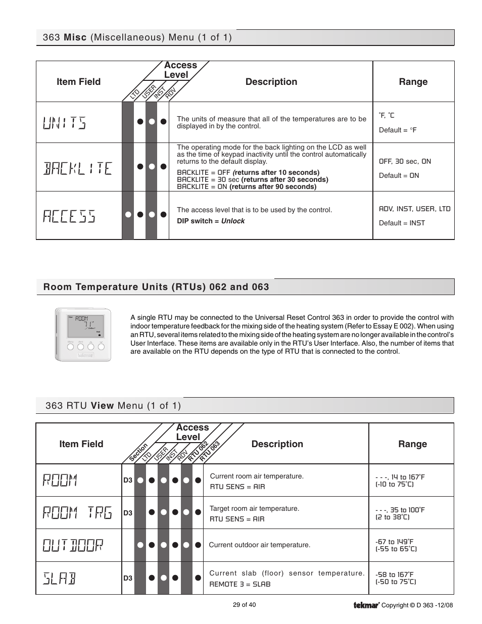 Misc. menu, Rtus 062 & 063 | tekmar 363 Universal Reset Control Installation User Manual | Page 29 / 40