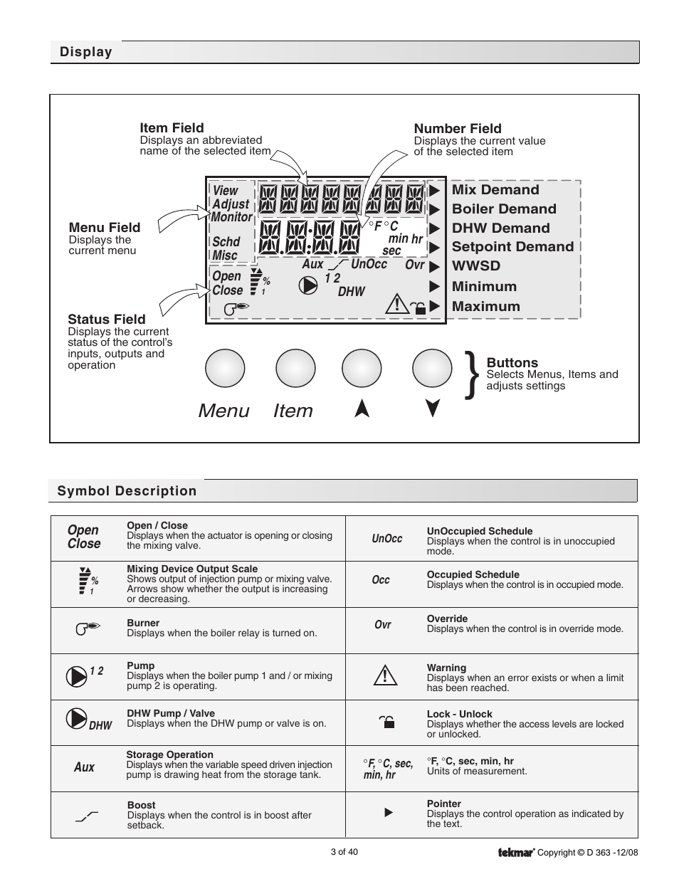 Display, Symbol description, Menu item | tekmar 363 Universal Reset Control Installation User Manual | Page 3 / 40