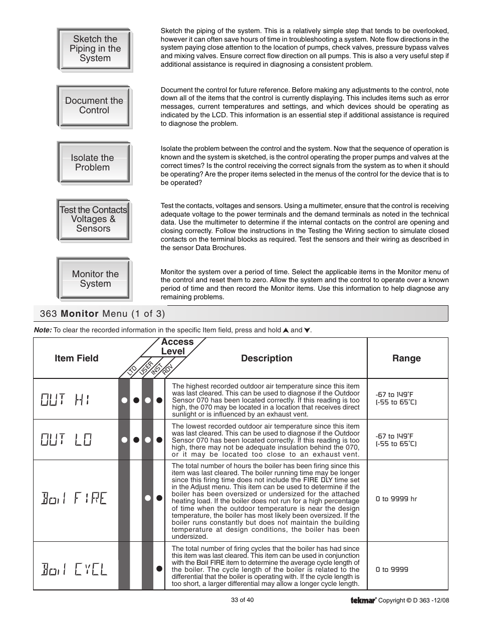 Monitor menus | tekmar 363 Universal Reset Control Installation User Manual | Page 33 / 40