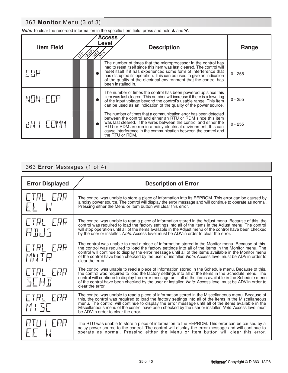 Error messages | tekmar 363 Universal Reset Control Installation User Manual | Page 35 / 40