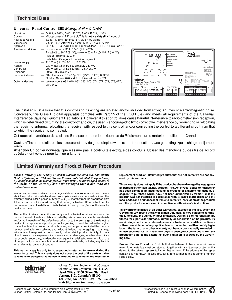 Technical data, Limited warranty and product return procedure, Universal reset control 363 mixing, boiler & dhw | 40 of 40 | tekmar 363 Universal Reset Control Installation User Manual | Page 40 / 40