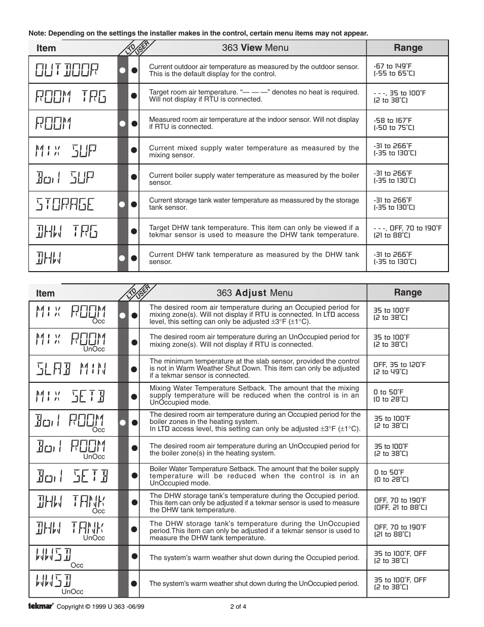 Control menus, View menu, Adjust menu | tekmar 363 Universal Reset Control User Manuals User Manual | Page 2 / 4