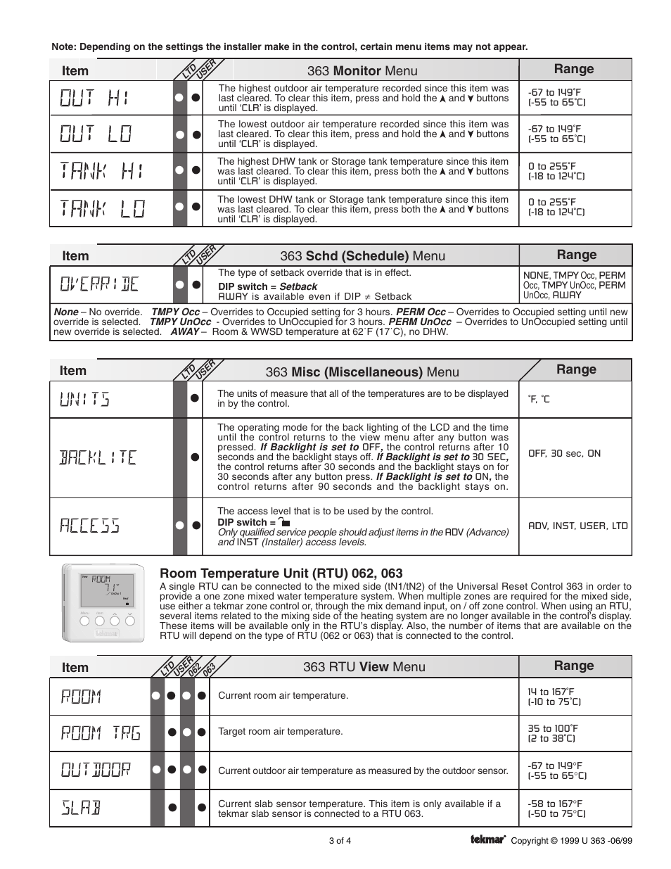 Monitor menu, Schd (schedule) menu, Misc. menu | Rtu menus, Rtu - view menu | tekmar 363 Universal Reset Control User Manuals User Manual | Page 3 / 4