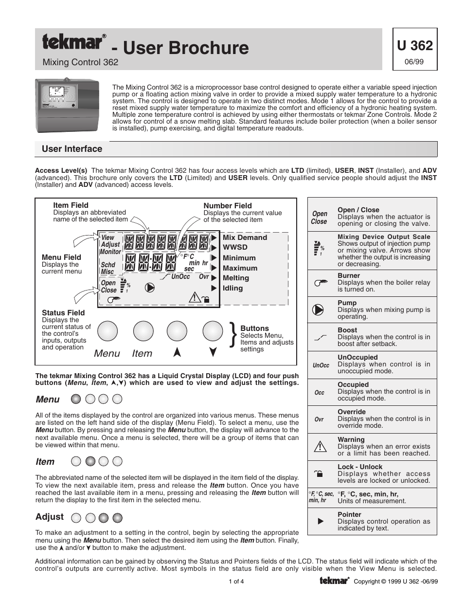 tekmar 362 Mixing Control User Manuals User Manual | 4 pages