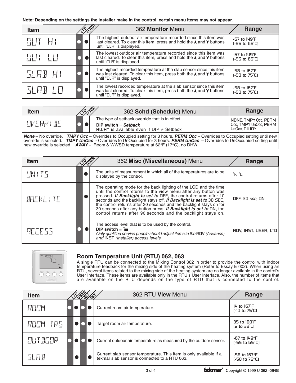 Monitor menu, Schd (schedule) menu, Misc. menu | Rtu menus, Rtu - view menu | tekmar 362 Mixing Control User Manuals User Manual | Page 3 / 4