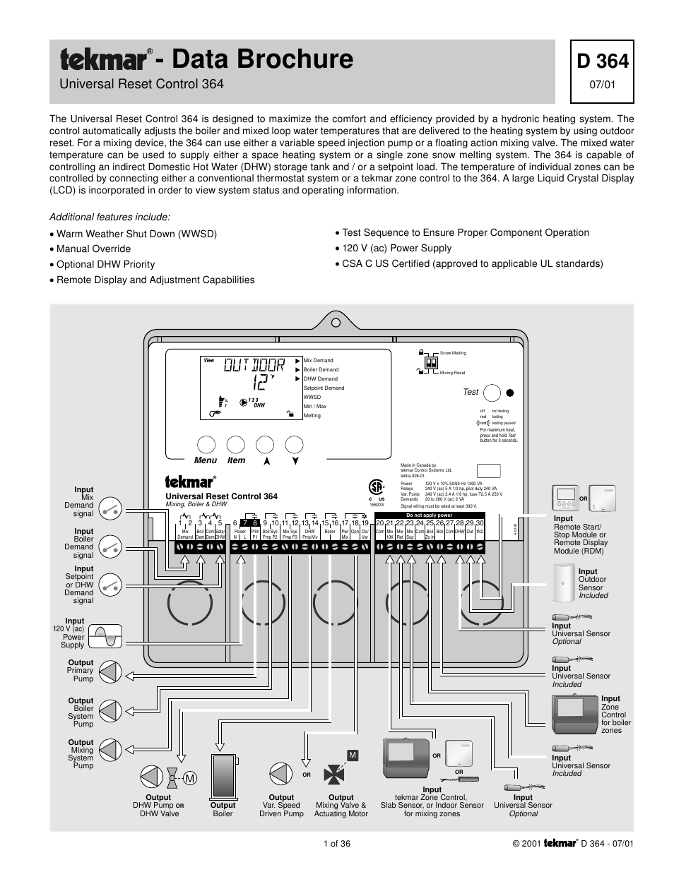 tekmar 364 Universal Reset Control Installation User Manual | 36 pages