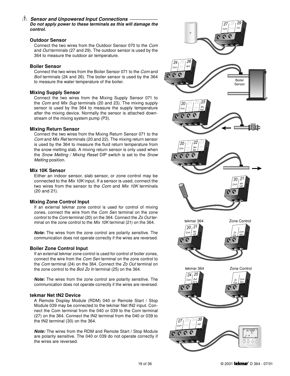 Sensor and unpowered input connections, Outdoor sensor, Boiler sensor | Mixing supply sensor, Mixing return sensor, Mix 10k sensor, Mixing zone control input, Boiler zone control input, Tekmar net tn2 device | tekmar 364 Universal Reset Control Installation User Manual | Page 19 / 36