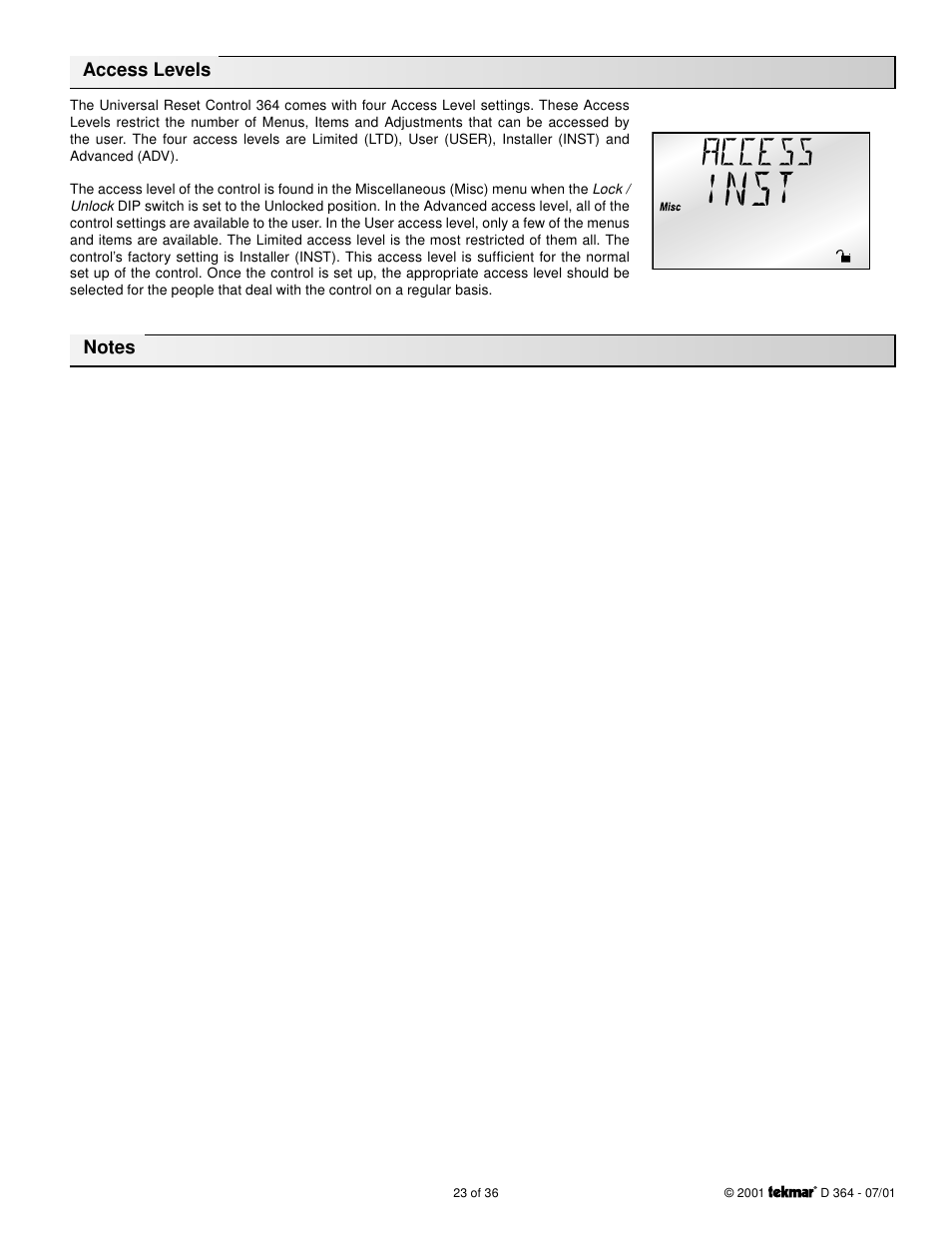 Access levels | tekmar 364 Universal Reset Control Installation User Manual | Page 23 / 36