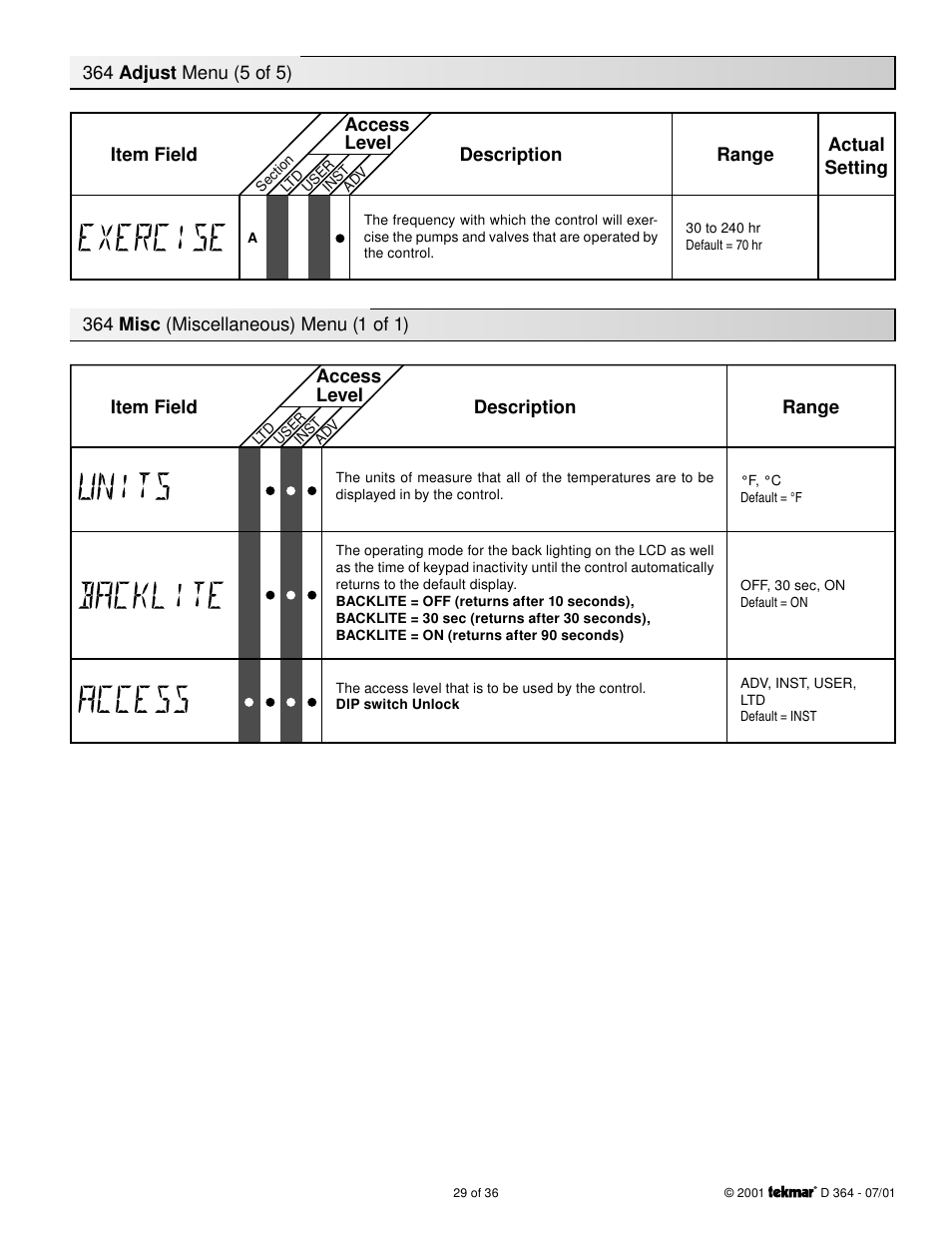 Misc. menus | tekmar 364 Universal Reset Control Installation User Manual | Page 29 / 36