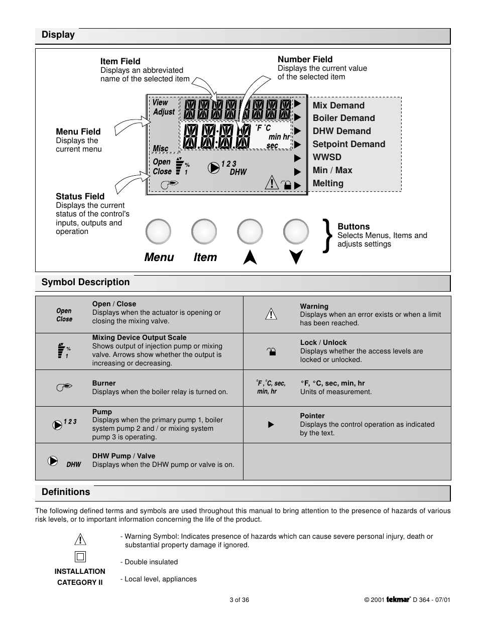 Display, Symbol description, Definitions | tekmar 364 Universal Reset Control Installation User Manual | Page 3 / 36