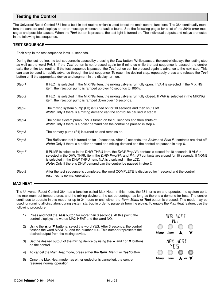 Testing the control | tekmar 364 Universal Reset Control Installation User Manual | Page 30 / 36