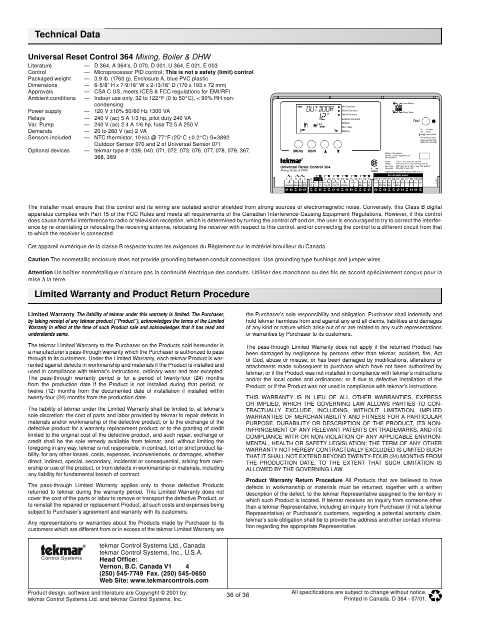 Menus, Technical data, Limited warranty and product return procedure | Universal reset control 364 mixing, boiler & dhw | tekmar 364 Universal Reset Control Installation User Manual | Page 36 / 36