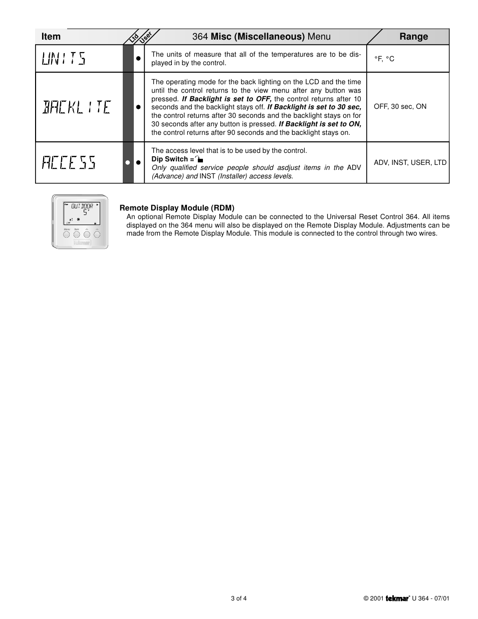 Item range, 364 misc (miscellaneous) menu | tekmar 364 Universal Reset Control User Manuals User Manual | Page 3 / 4