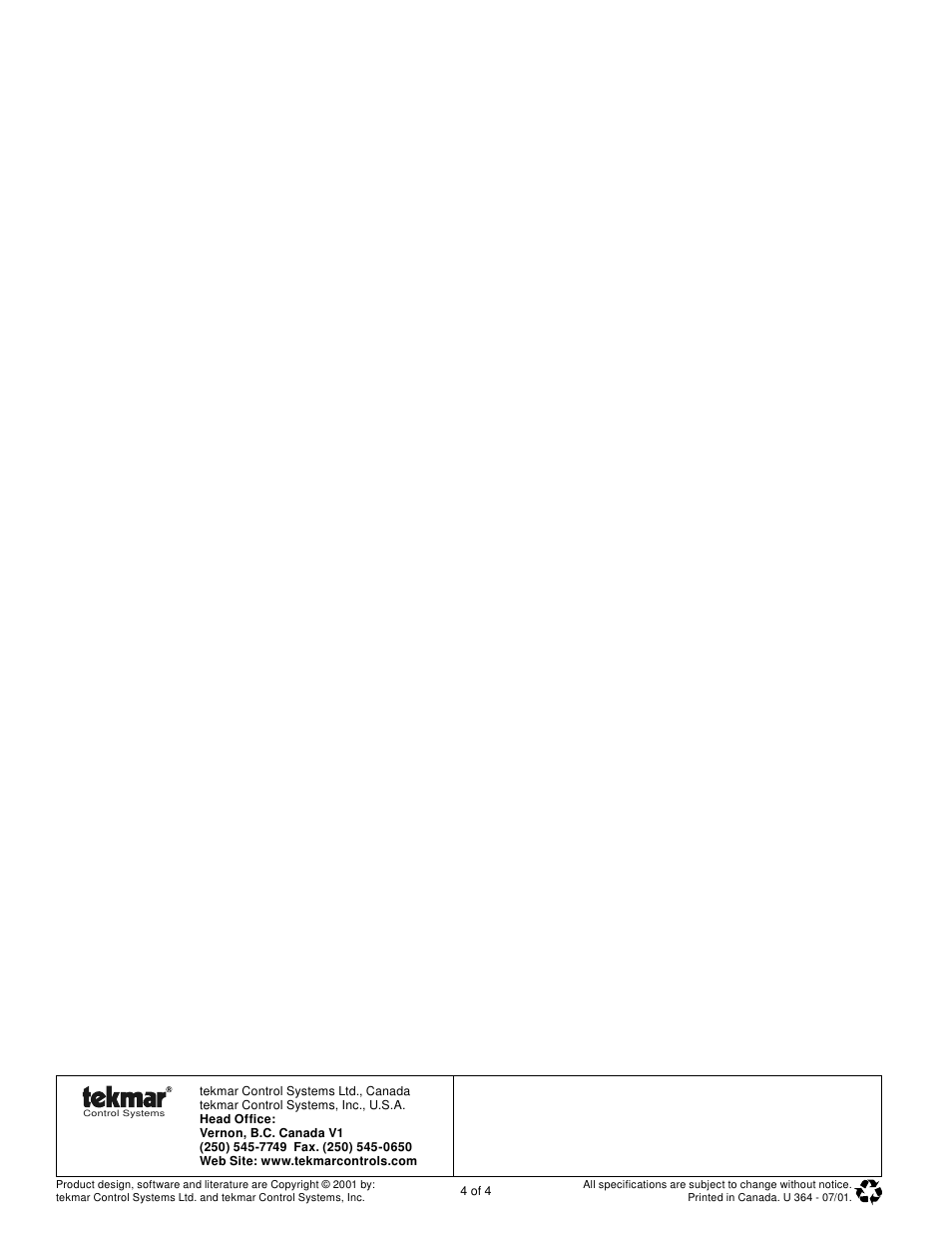 tekmar 364 Universal Reset Control User Manuals User Manual | Page 4 / 4