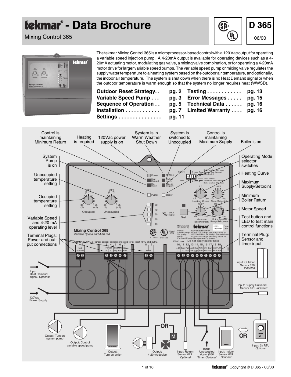 tekmar 365 Mixing Control User Manual | 16 pages