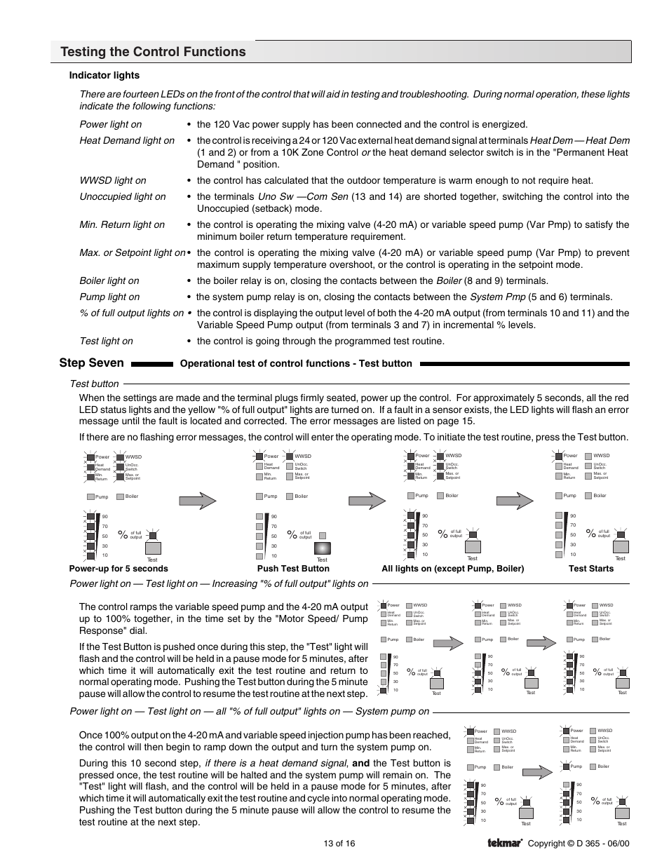 Testing the control functions, Step seven, Push test button | tekmar 365 Mixing Control User Manual | Page 13 / 16