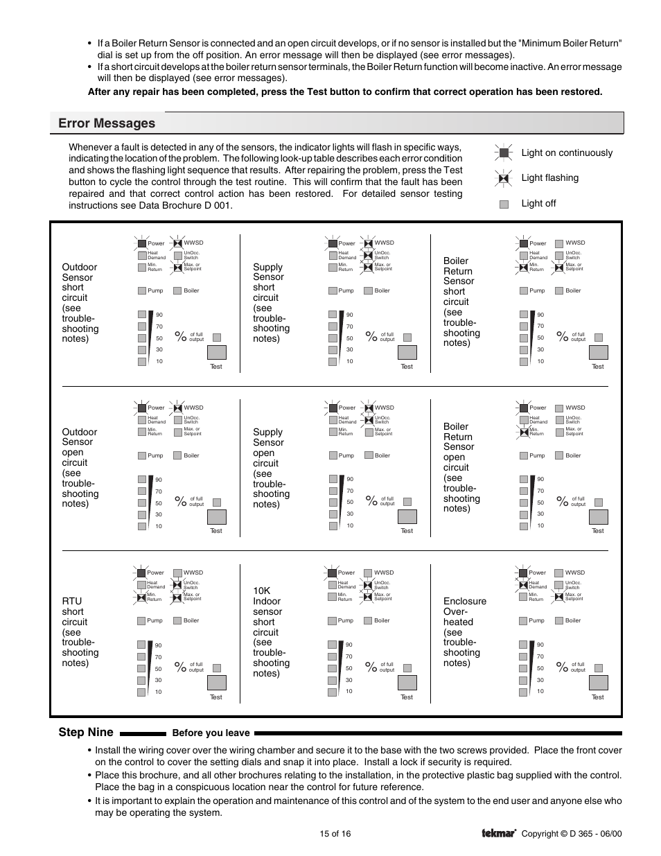 Error messages, Step nine | tekmar 365 Mixing Control User Manual | Page 15 / 16