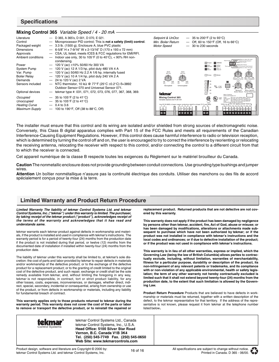 16 of 16, Occupied, Unoccupied | Heating curve, Maximum supply, Setpoint & unocc, Min. boiler return, Motor speed | tekmar 365 Mixing Control User Manual | Page 16 / 16