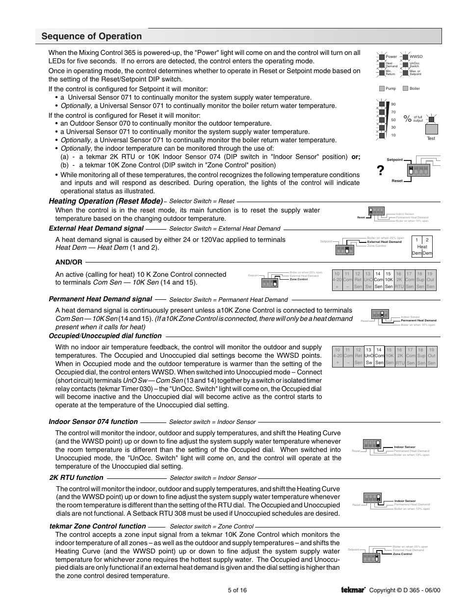 Sequence of operation, Heating operation (reset mode), Indoor sensor 074 function | Selector switch = indoor sensor, Selector switch = zone control, Selector switch = reset, Selector switch = external heat demand, Selector switch = permanent heat demand | tekmar 365 Mixing Control User Manual | Page 5 / 16