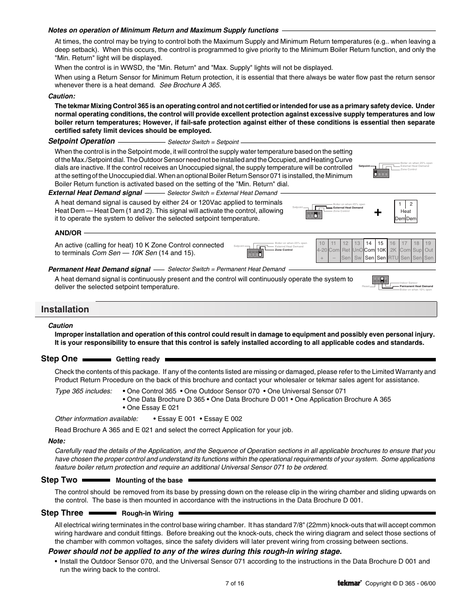 Installation, Step one, Step two | Step three, Setpoint operation | tekmar 365 Mixing Control User Manual | Page 7 / 16