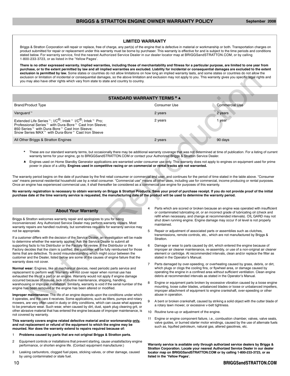 Not for reproduction | Briggs & Stratton 400000 User Manual | Page 10 / 92