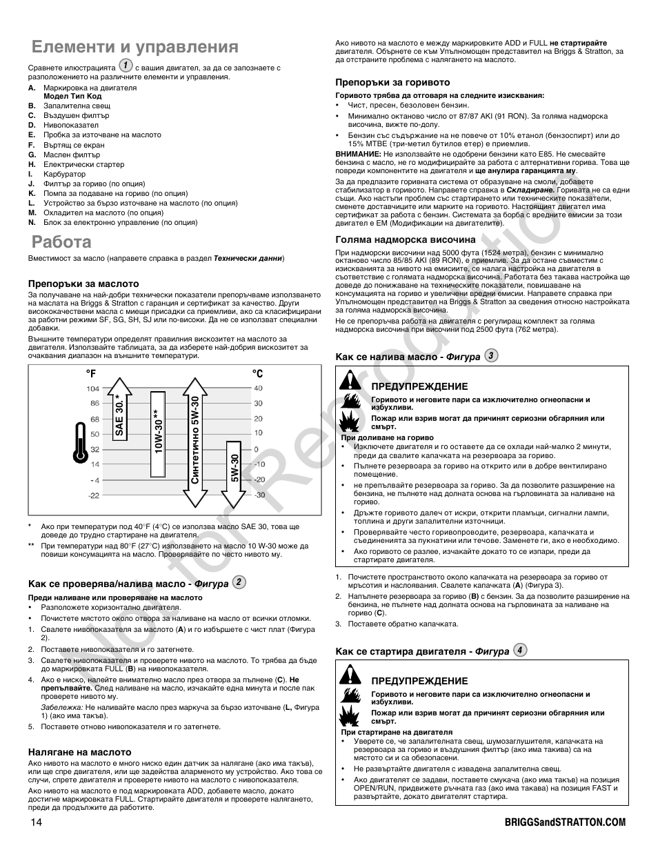 Not for reproduction, Елементи и управления, Работа | Briggs & Stratton 400000 User Manual | Page 14 / 92