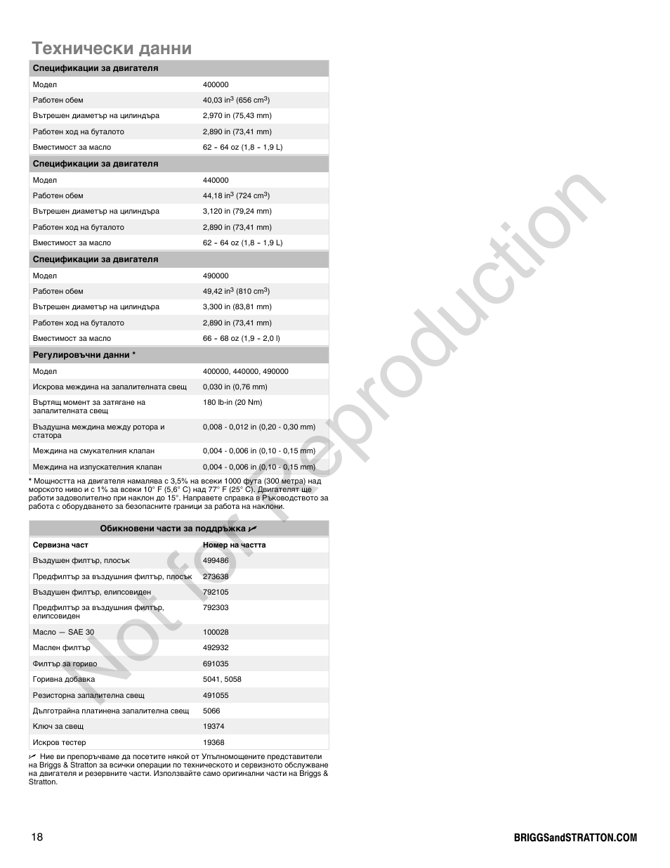 Not for reproduction, Технически данни | Briggs & Stratton 400000 User Manual | Page 18 / 92